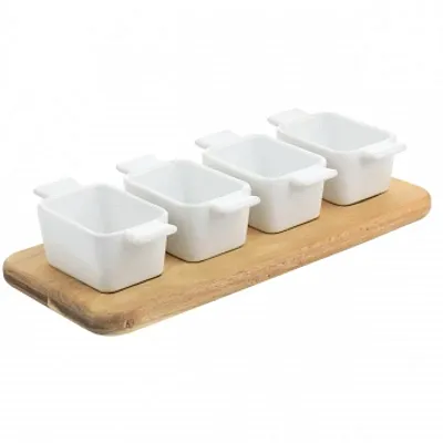 Gibson Elite Gracious Dining 5 Piece Fine Ceramic Tidbit Dish Set with Acacia Wo