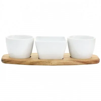 Gibson Elite Gracious Dining 4 Piece Fine Ceramic Tidbit Dish Set with Acacia Wo
