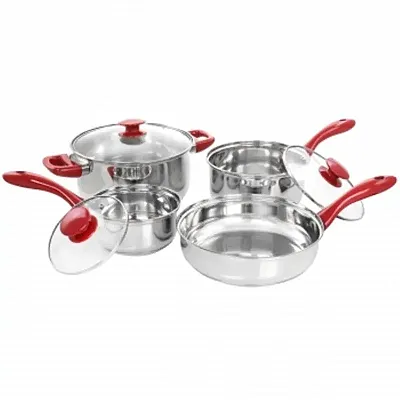 Gibson Home Crawson 7 Piece Stainless Steel Cookware Set in Chrome with Red Hand