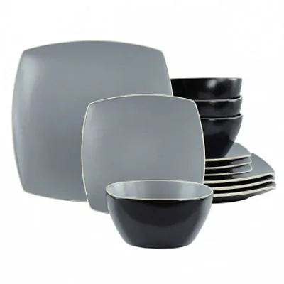 Hometrends Soho Lounge 12 Piece Square Stoneware Dinnerware Set in Grey and Blac