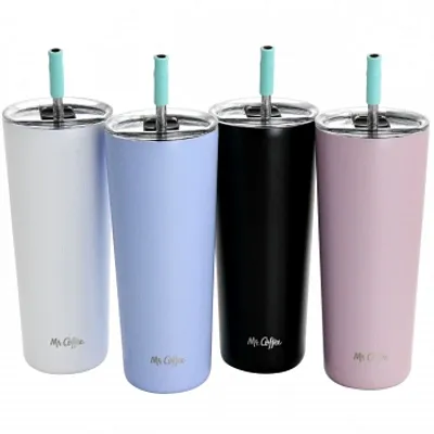Mr. Coffee Java Quest 4 Piece 23 oz Stainless Steel Tumbler Set with Lids and St