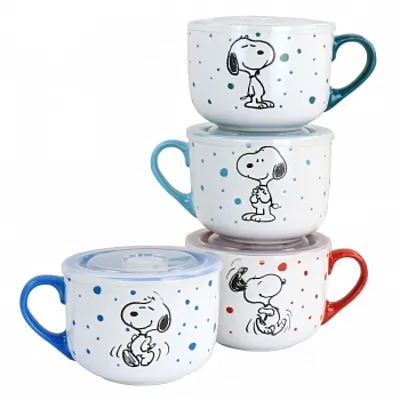 Peanuts Freckled Joy 25oz Stoneware 4 Piece Soup Cup and Lid Set in Assorted Des