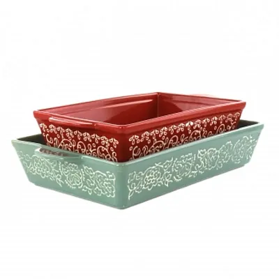 Laurie Gates 2 Piece Tierra Wax Relief Stoneware Baker Set in Red and Mint