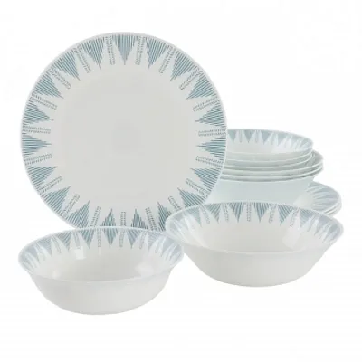 Ultra by Gibson Piper Point 12 Piece Opal Glass Dinnerware Set in White With Blu