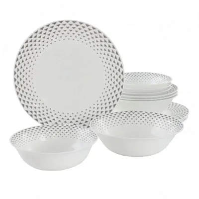 Ultra by Gibson Cane Peak 12 Piece Opal Glass Dinnerware Set in White With Grey