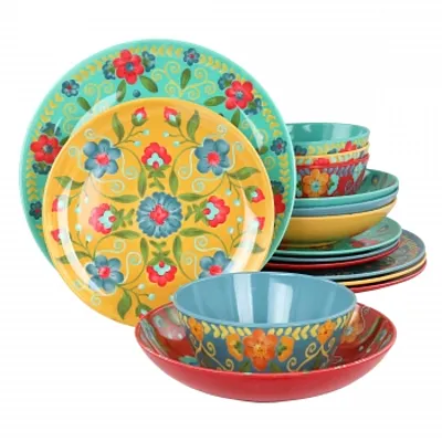 Laurie Gates California Designs Elena Amour 16 Piece Floral Round Melamine Dinne
