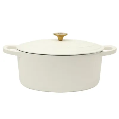 Crock Pot Artisan 7 Quart Oval Enameled Cast Iron Dutch Oven in Linen with Gold