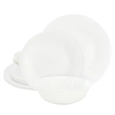 Gibson Ultra White Shadow 12 Piece Opal Glass Dinnerware Set in White