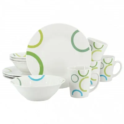 Gibson Home Green Loops 12 Piece Round Fine Ceramic Dinnerware Set in White