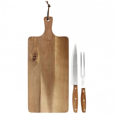Gibson Elite 3 Piece Acacia Wood Serving Board with Carving Knife and Fork in Br