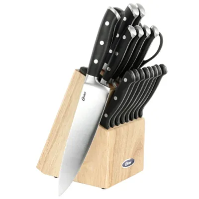 Oster Ginley 18 Piece Stainless Steel Cutlery Set in Black with Pinewood Block