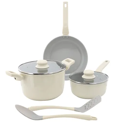 Gibson Home Barnsdall 7 Piece Ceramic Nonstick Aluminum Cookware Set in Linen