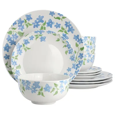 Gibson Home Garden Aisle 12 Piece Fine Ceramic Dinnerware Set in Blue Floral