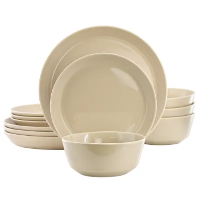 Gibson Elite Sunlit Mist 12 Piece Round Stoneware Dinnerware Set in Cream