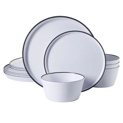 Gibson Home Folsom Shores 12 Piece Melamine Dinnerware Set in White w/ Black Rim