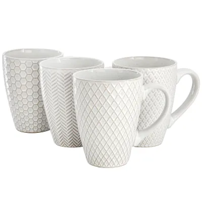 Gibson Elite Earlhart 4 Piece 16 Ounce Stoneware Assorted Pattern Mug Set in Whi