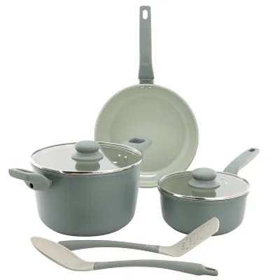 Gibson Home Barnsdall 7 Piece Ceramic Nonstick Aluminum Cookware Set in Sage Gre