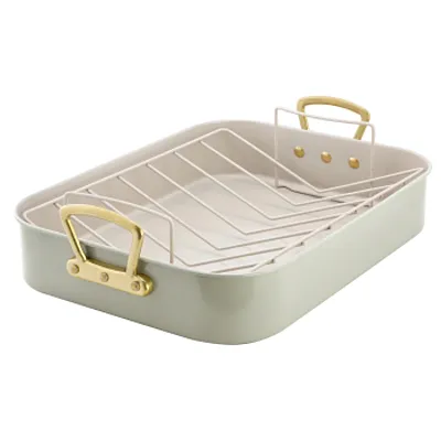 Gibson Home Broxton 2 Piece Nonstick Steel Roaster Pan in Mint Green with Rack