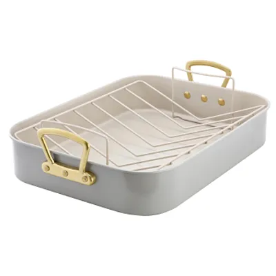 Gibson Home Broxton 2 Piece Nonstick Steel Roaster Pan in Taupe with Rack