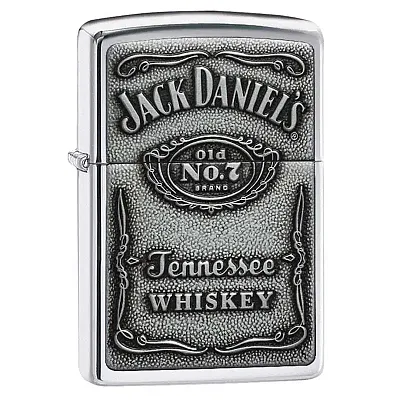 Zippo Windproof Lighter Jack Daniel&#039;S Label-Pewter Emblem High Polish Chrome