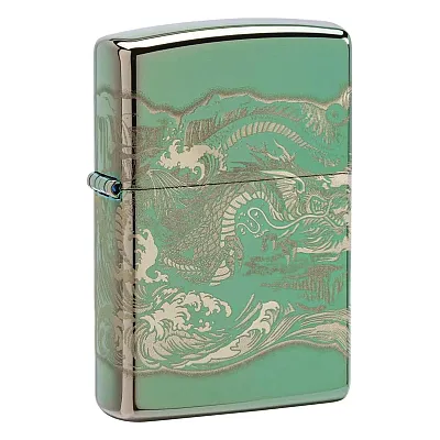 Zippo Windproof Lighter Dragon And Tiger Engraved 360 High Polish Green