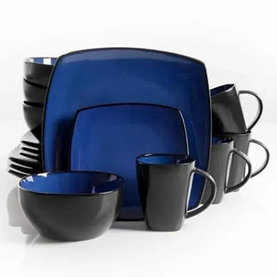 Gibson Soho Lounge 16 Piece Square Stoneware Dinnerware Set in Blue and Black