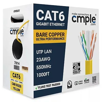 Cmple Cat 6 Riser Ethernet Cable Yellow | Ul, Cmr, 23Awg | Bare Copper 1000Ft 70