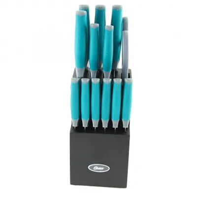 Oster Lindbergh 14 Piece Stainless Steel Cutlery Set in Teal with Wooden Block