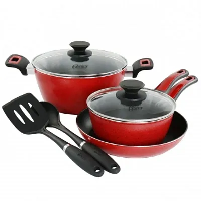 Oster Claybon 7 Piece Non Stick Aluminum Cookware Set in Red