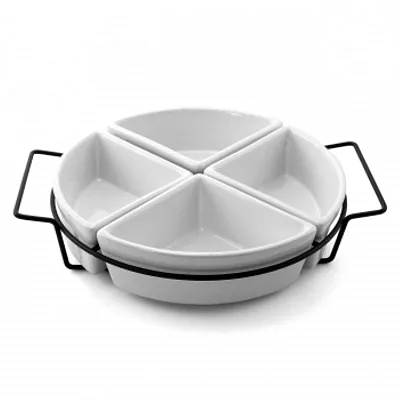 Gibson Gracious Fine Ceramic Dining Four Section Tray Set with Metal Rack in Whi
