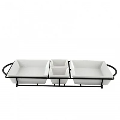 Gibson Gracious Dining 5 Piece Serving Set With Metal Rack in White Porcelain