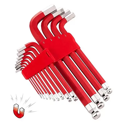 Powerbuilt Red Sae Long Arm Magnetic Hex Key Wrench Set (13 Piece Set)