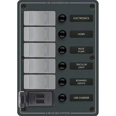 Blue Sea 8121 - 5 Position Contura Switch Panel w/Dual USB Chargers - 12/24V DC 