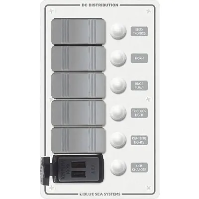 Blue Sea 8421 - 5 Position Contura Switch Panel w/Dual USB Chargers - 12/24V DC 
