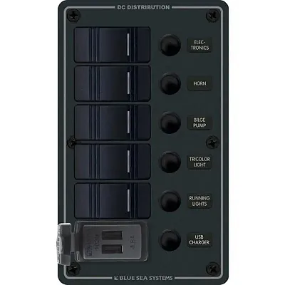 Blue Sea 8521 - 5 Position Contura Switch Panel w/Dual USB Chargers - 12/24V DC 