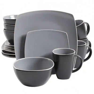 Gibson Home Soho Lounge 16 Piece Soft Square Stoneware Dinnerware Set in Grey Ma