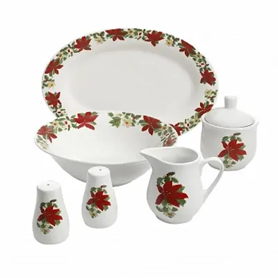 Gibson Home Poinsettia 7 Piece Porcelain Serving Set in Red