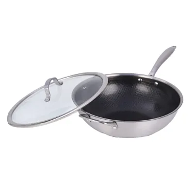 Brentwood 12-inch 4.2 Quarts Hybrid Non-Stick Stainless Steel Wok with Glass Lid