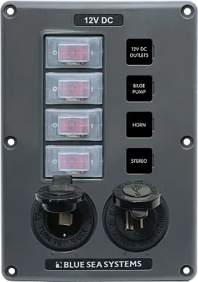 BLUE SEA 4321BSS Panel Switch H2O Cb 4Pos Sckt & Usb