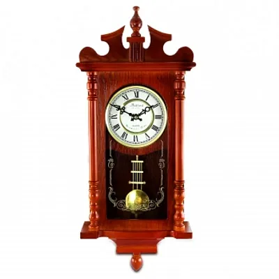 Bedford Collection 25 Inch Wall Clock with Pendulum and Chime in Dark Redwood Oa