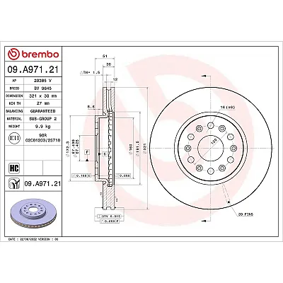 BREMBO 09A97121 Discbrakerotor Venteddisc