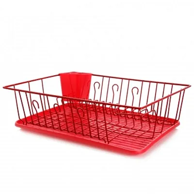 MegaChef 17.5 Inch Red Dish Rack with 14 Plate Positioners and a Detachable Uten