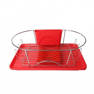 MegaChef 17 Inch Red and Silver Dish Rack with Detachable Utensil holder and a 6