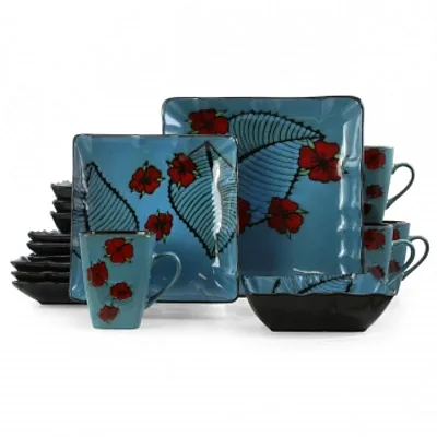 Elama Aloha Tide 16 Piece Luxurious Stoneware Dinnerware with Complete Setting f