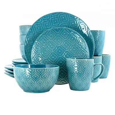 Elama Aqua Lily 16 Piece Luxurious Stoneware Dinnerware with Complete Setting fo