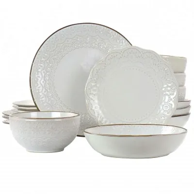 Elama Countess 16 Piece Embossed Double Bowl Stoneware Dinnerware Set in Ivory
