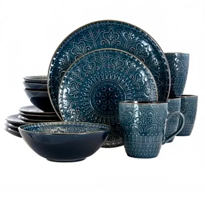 Elama Deep Sea Mozaic 16 Piece Luxurious Stoneware Dinnerware with Complete Set