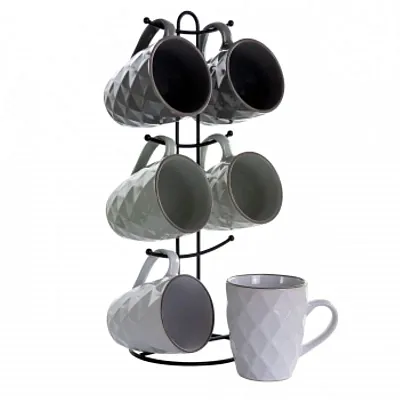 Elama Diamond Waves 6-Piece 12 oz. Mug Set with Stand, Assorted Colors