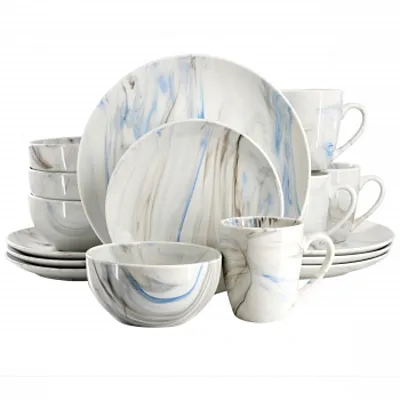 Elama Fine Marble 16 Piece Porcelain Dinnerware Set in Blue and Gray