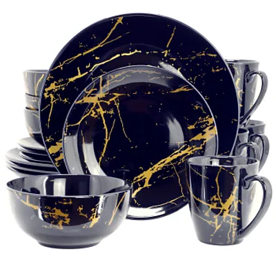 Elama Fine Marble 16 Piece Porcelain Dinnerware Set in Dark Blue with Gold Veini